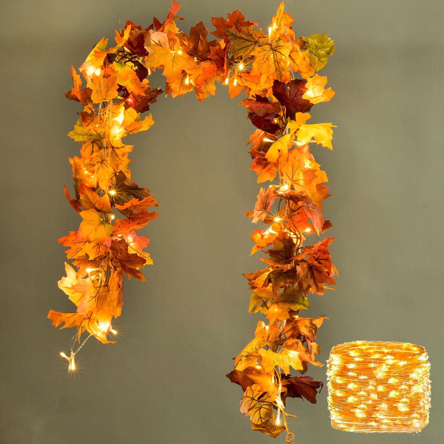 Gomaty 2Pack Fall Maple Garland with 40LED Light ,5.9Ft/Piece Multicolor Hanging Vine Maple Leaf Garland Artificial Autumn Foliage Garland Thanksgiving Decor for Home Wedding Fireplace Party Christmas